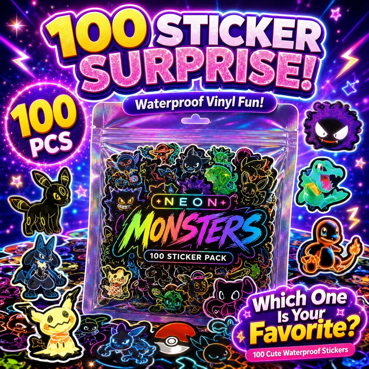 Scrapbooking - 100 stuks neon Pokémon-stickers, waterbestendig, voor